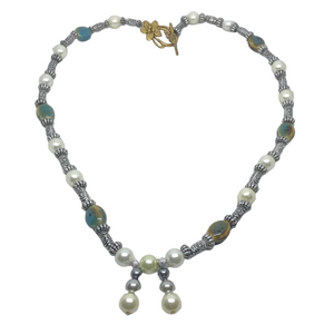 Vintage artisan faux pearls and ceramic beads necklace dressy dress up look.